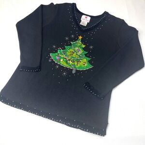 Quacker Factory‎ Womens Beaded Sequin Christmas Tree V Neck Black Sweater Medium